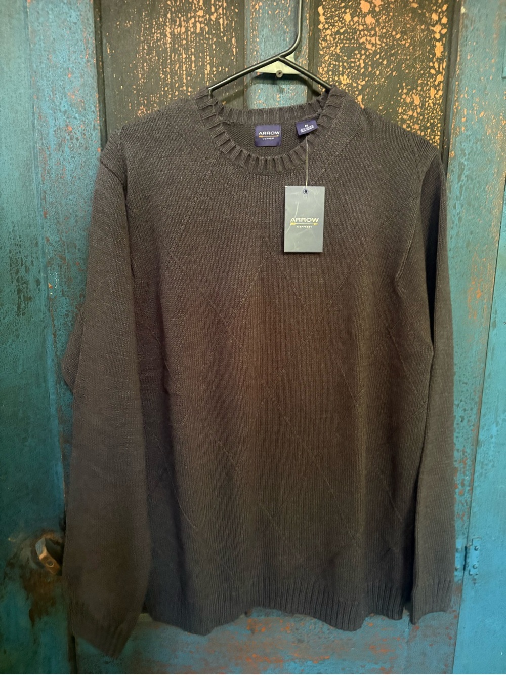 Arrow Men's Gray Argyle Knit Crewneck Pullover Sweater Ribbed Trim Cotton M